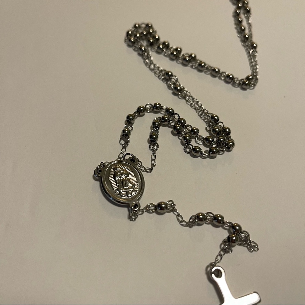 Rosary Stainless Steel Beads Chain Pendant Necklace NWT - Picture 5 of 11